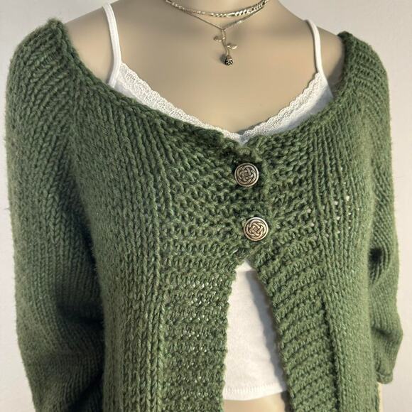 Green Cable Knit Caragain Fall 2-Buttons Fisherman Core Chucky Sweater - Picture 3 of 5